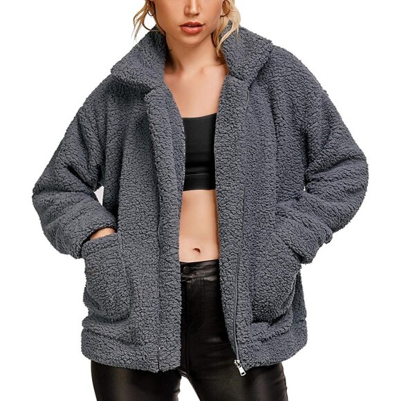 Women's Gray Fuzzy Fleece Faux Zipper Winter Warm Jackets Coat Vest Outwear
